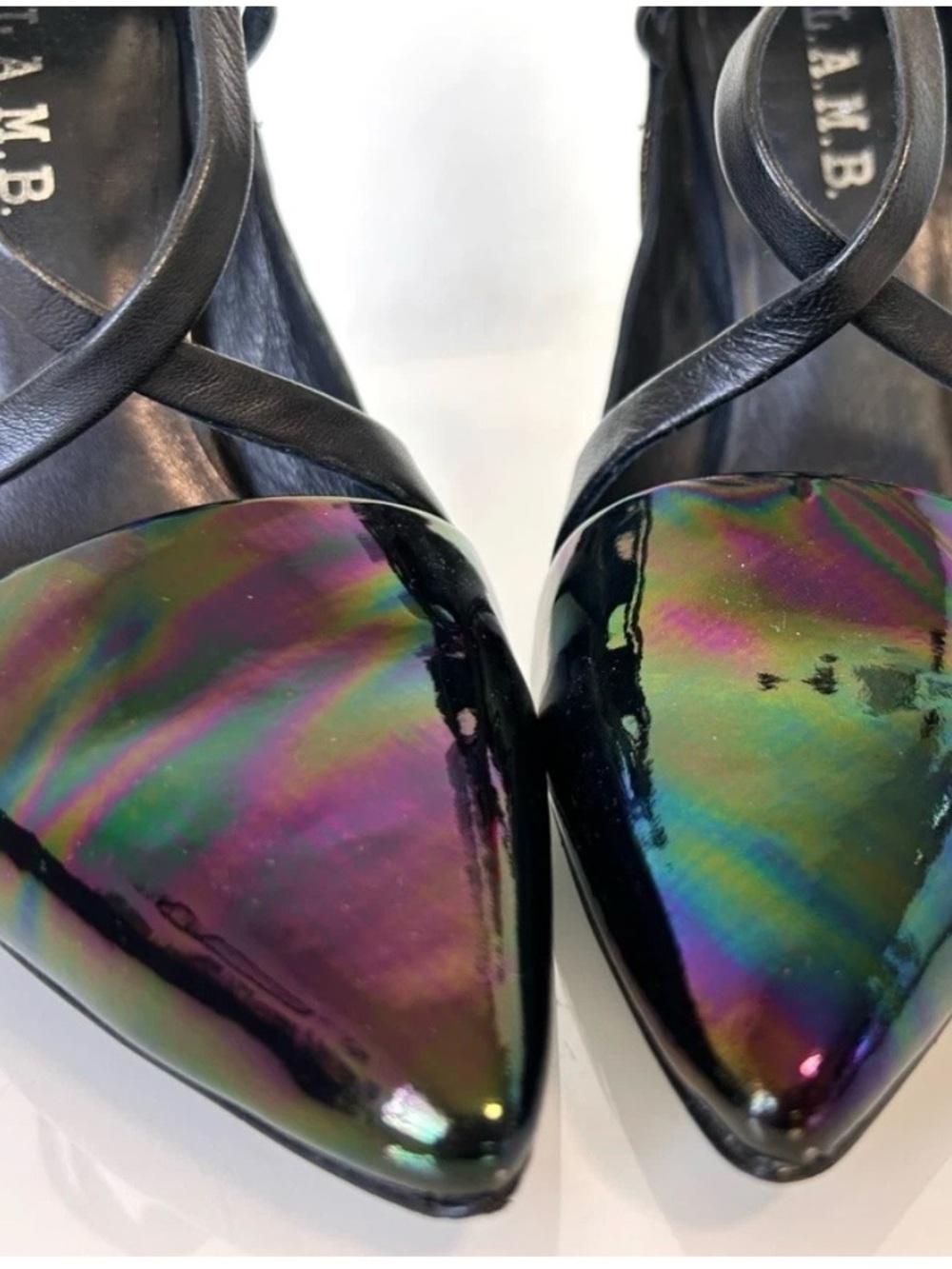 L.A.M.B. Gwen Stefani Patent Iridescent Black Leather Point Toe Boston Heel